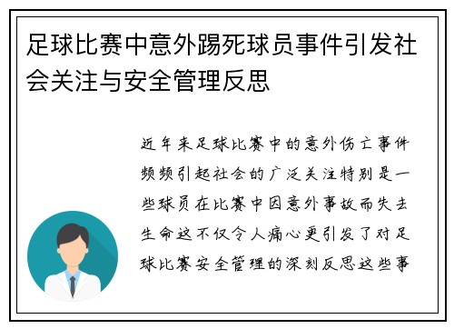 足球比赛中意外踢死球员事件引发社会关注与安全管理反思
