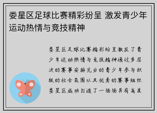 娄星区足球比赛精彩纷呈 激发青少年运动热情与竞技精神