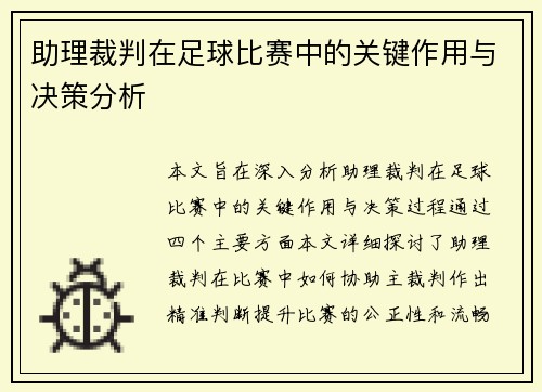 助理裁判在足球比赛中的关键作用与决策分析