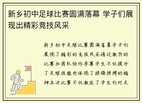新乡初中足球比赛圆满落幕 学子们展现出精彩竞技风采