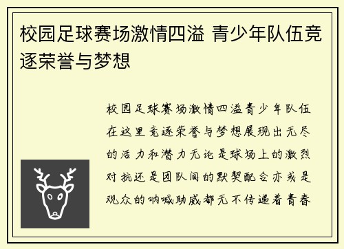 校园足球赛场激情四溢 青少年队伍竞逐荣誉与梦想