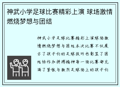 神武小学足球比赛精彩上演 球场激情燃烧梦想与团结