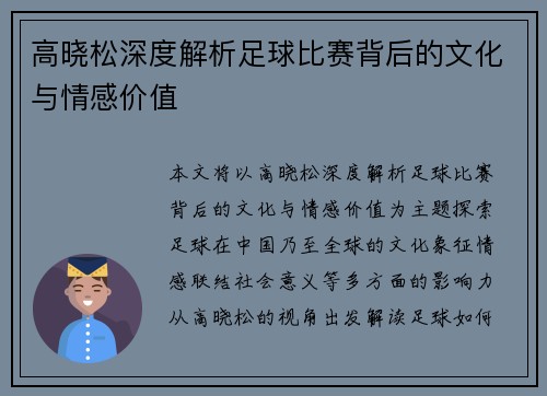 高晓松深度解析足球比赛背后的文化与情感价值