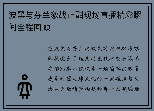 波黑与芬兰激战正酣现场直播精彩瞬间全程回顾