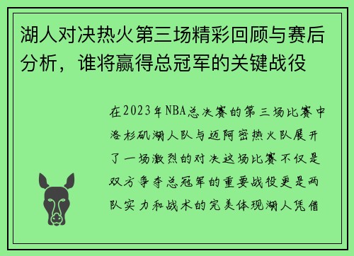 湖人对决热火第三场精彩回顾与赛后分析，谁将赢得总冠军的关键战役